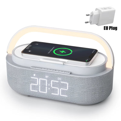 NEW Wireless Charger 15W Portable Digital FM Alarm Clock Bluetooth Speaker Radio Touch Night Light Dual Home Bedside Subwoofer