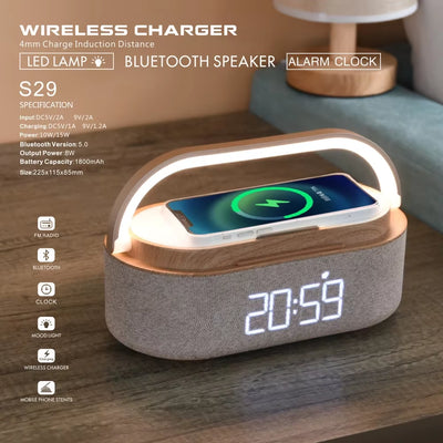 NEW Wireless Charger 15W Portable Digital FM Alarm Clock Bluetooth Speaker Radio Touch Night Light Dual Home Bedside Subwoofer